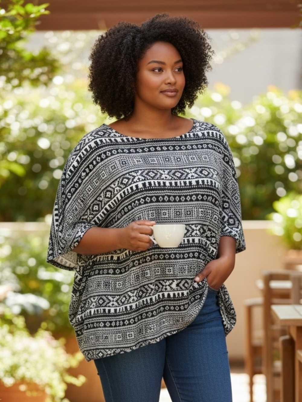 Bobbie Brooks Plus Size Geometric Tribal Print Tunic XL Black White